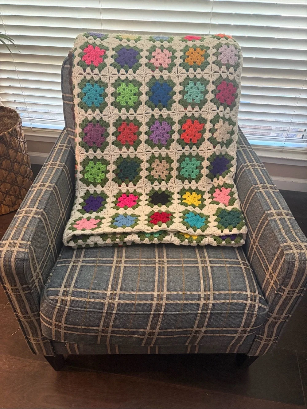 Beautiful Handmade Grandma Square Quilt, Multicolor w/ Chocolate Boarder